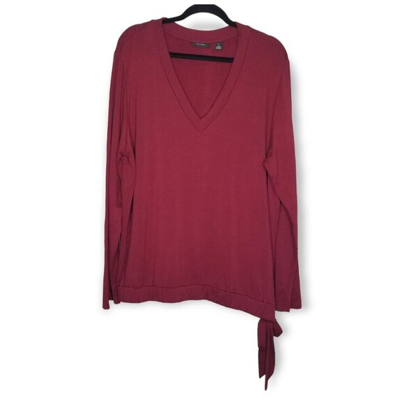 Halogen Maroon V-Neck Long Sleeve Sweater Elastic Hem With Tie Super Soft Lining - Picture 1 of 8
